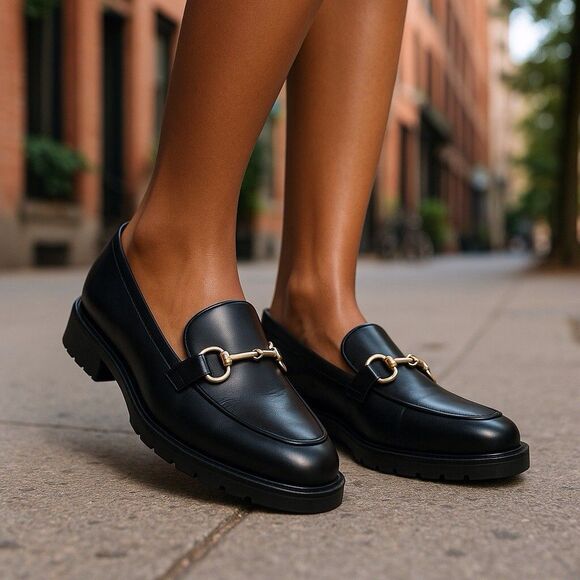 INC Womens Taylyn Black Silver Bit Chain Leather Slip On Loafers Size 11 Medium - Picture 1 of 10